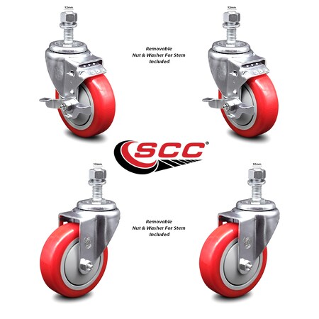 Service Caster 4 Inch Red Polyurethane Wheel Swivel 12mm Threaded Stem Caster Brake, 2PK SCC-TS20S414-PPUB-RED-TLB-M1215-2-S2